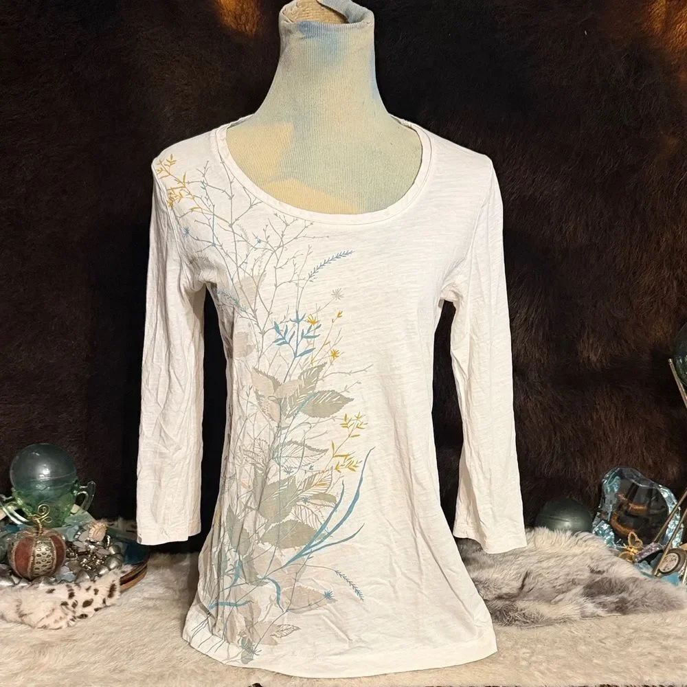 Women's Cream Long-Sleeve Floral Scoop Neck Top S (3200)